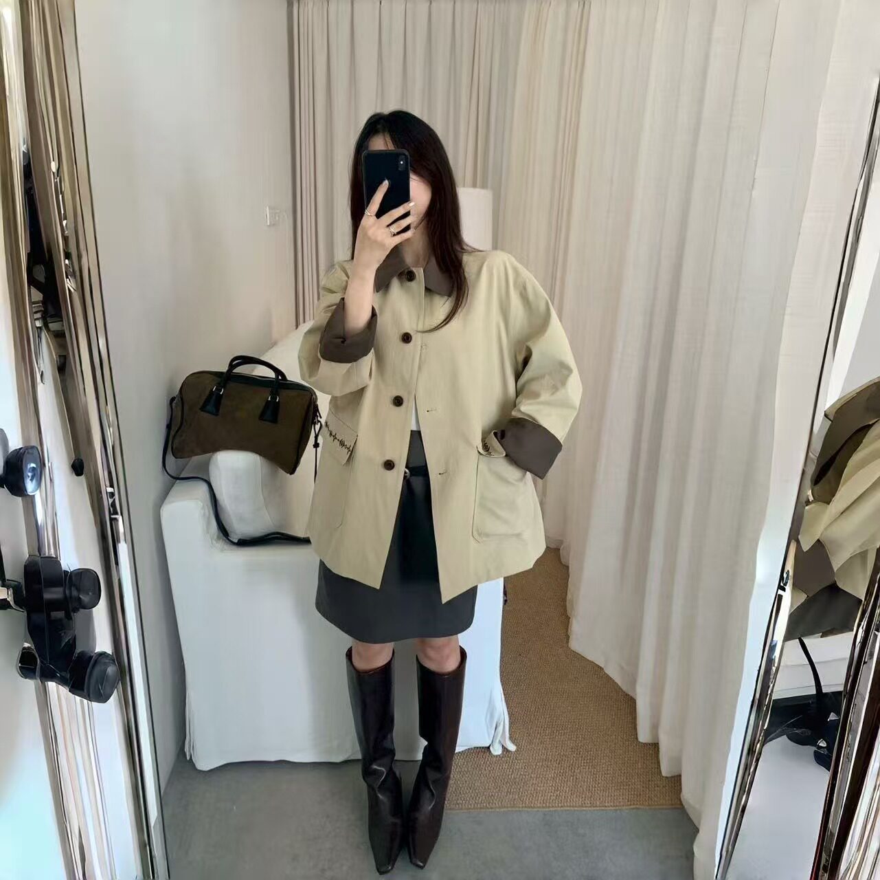 韩系撞色短款风衣女 拼色翻领宽松刺绣外套
