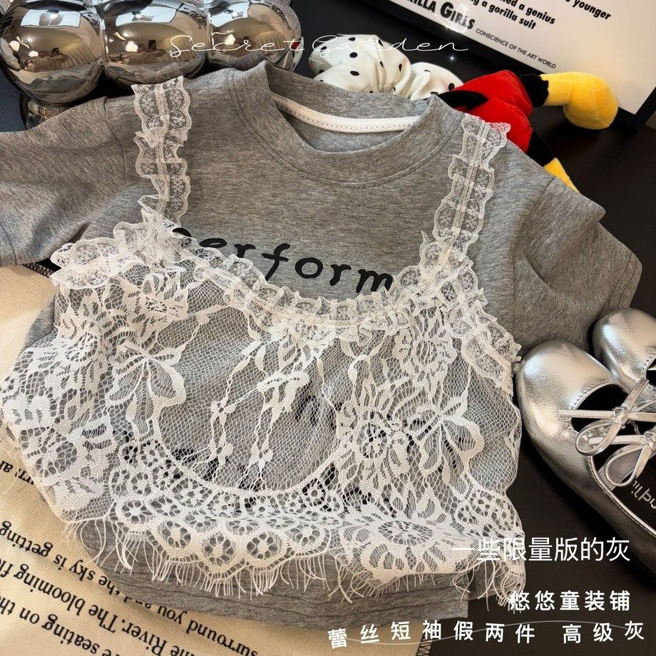 新款卡夏季儿童纯棉半袖花边蕾丝夏装T