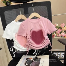 女童纯棉潮版夏季短袖新款洋气爱心T恤宝宝柔软亲肤休闲抽绳上衣