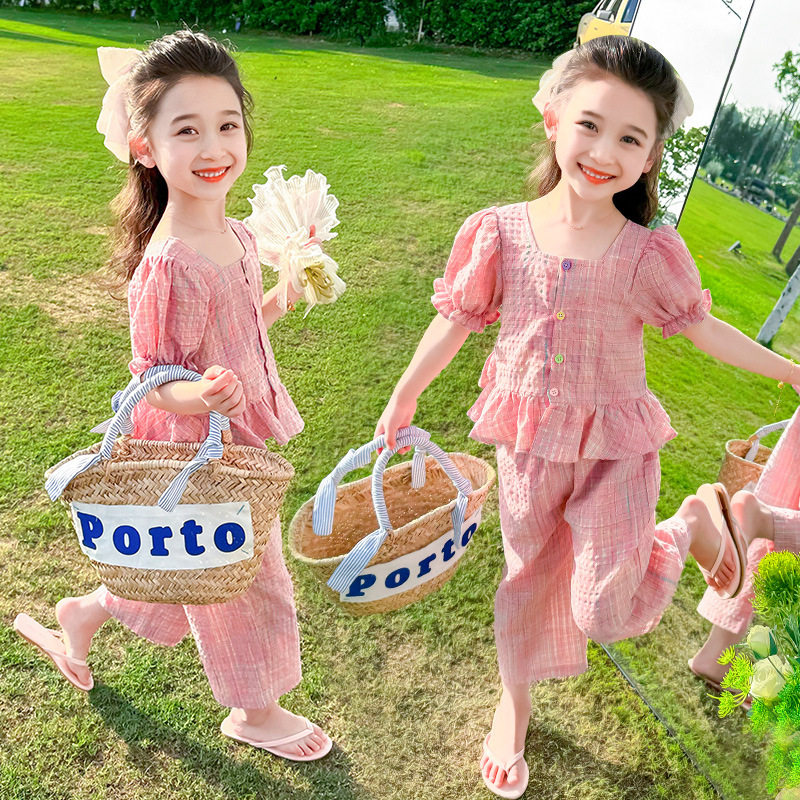 品牌专柜女童夏季套装2025新款时尚小女孩运动风彩扣格子短袖套装