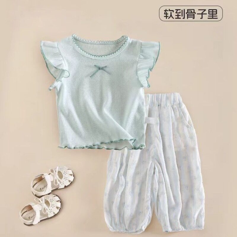 品牌专柜女童夏季套装新款短袖T恤上衣婴儿夏季轻薄防蚊裤宽松裤t