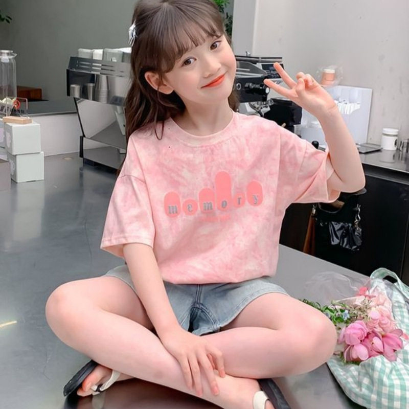 品牌专柜夏季新款儿童短袖中大童粉色薄款上衣女童甜美字母T恤潮t