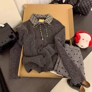 高级设计感格纹拼接polo领系带长袖女韩系立体纽扣针织衫外套上衣