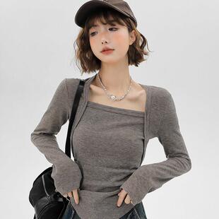 方领长袖 显瘦打底衫 t恤女2024春季 修身 内搭上衣 新款 Girlyhalo韩式