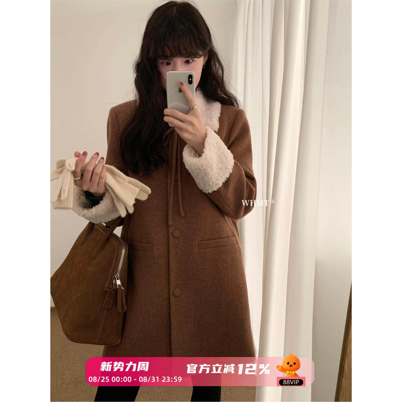 羊羔毛翻领羽绒大衣毛呢外套女中长款冬季新款高级感宽松加厚whmt