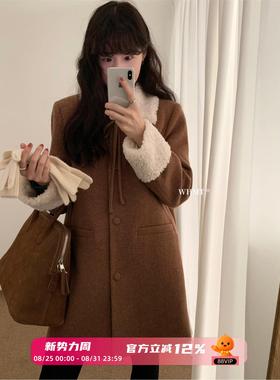 羊羔毛翻领羽绒大衣毛呢外套女中长款冬季新款高级感宽松加厚whmt