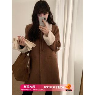 羊羔毛翻领羽绒大衣毛呢外套女中长款冬季新款高级感宽松加厚whmt