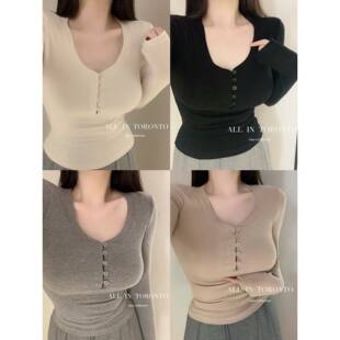 收腰弹力修身 女秋季 显瘦辣妹性感风亨利领上衣 T恤打底衫 ALLIN长袖