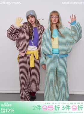 riverstone plus 条纹羊羔绒棉服外套女摇粒绒连帽上衣加厚套装