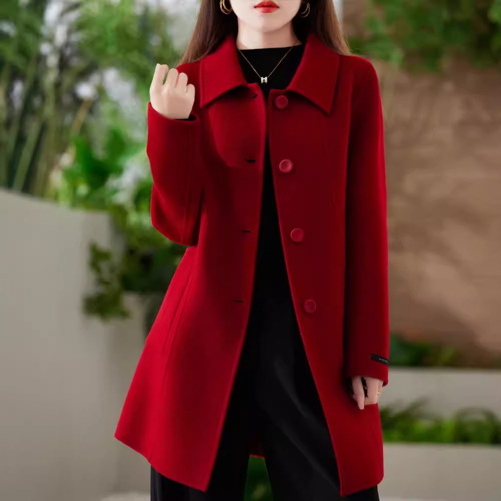 新款100%羊毛双面呢翻领大衣女修身中长款高端休闲大口袋毛呢外套