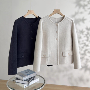 恩迪2025年秋冬深灰色双面羊绒羊毛大衣女小个子轻奢圆领毛呢外套