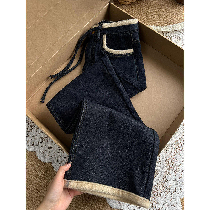加绒加厚深蓝色直筒牛仔裤女冬季新款胖妹妹mm高腰宽松显瘦阔腿裤