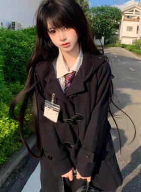 零度句号JK牛角扣大衣女冬季日系学院风夹棉加厚中长款毛呢外套女