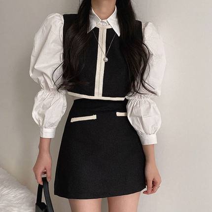 韩国chic复古小众气质翻领衬衫+撞色马甲背心+高腰半身裙三件套女