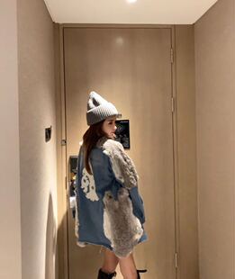 HELLOTOKYOO/欧洲高定21春新濑兔毛重工拼皮十字架牛仔外套网红