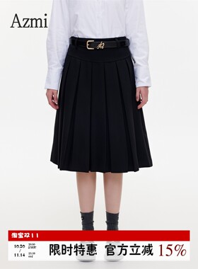AzmiA字百褶半身裙女春秋季新款流行时尚高腰显瘦休闲百搭西装裙