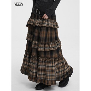 蛋糕裙棕色格子半身裙长款 早秋季 美拉德穿搭长裙子 巨好看 Vee21