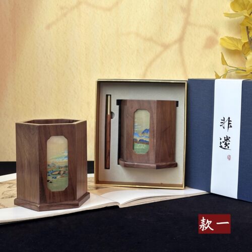 苏绣纯手工刺绣胡桃木笔筒中国风特色礼品伴手礼送老师老外毕业季