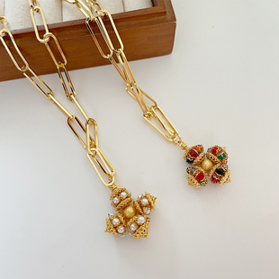 欧美风中古vintage轻奢十字彩色宝石项链毛衣链独特小众配饰女