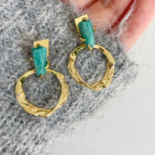 欧美风薄荷绿天然石几何圆形耳饰熔岩感小众独特鬼才设计师耳环女