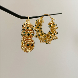 欧美风镂空编制麻花耳环祖母绿锆石缠绕造型圆形耳扣复古小众耳饰