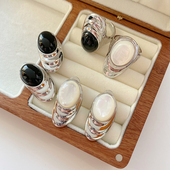 欧美风清冷感ins黑玛瑙白色母贝耳钉戒指套装 高级感小众耳饰饰品