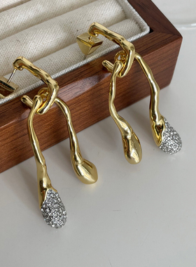 轻奢极简风黄铜镀金水滴造型微镶锆石耳环女不规则肌理感气质耳饰