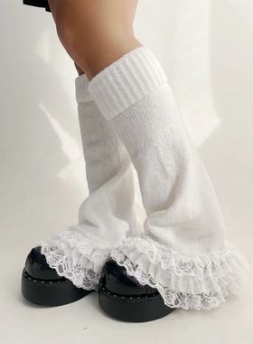 洛丽塔lolita冬季腿套女保暖甜美白色蕾丝花边中筒袜女