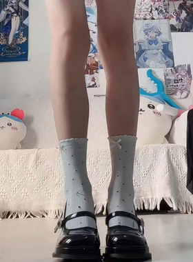 夏薄款芭蕾风蝴蝶结堆堆袜蓝色波点小腿袜女镂空小腿袜政岐同款