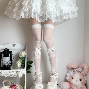 春夏季薄款长筒袜Lolita甜美蝴蝶结印花袜洛丽塔丝袜高筒过膝袜子