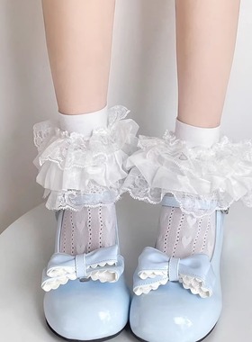 梦幻人偶原创lolita中筒袜女甜美三层蕾丝花边白色短袜日系jk袜子