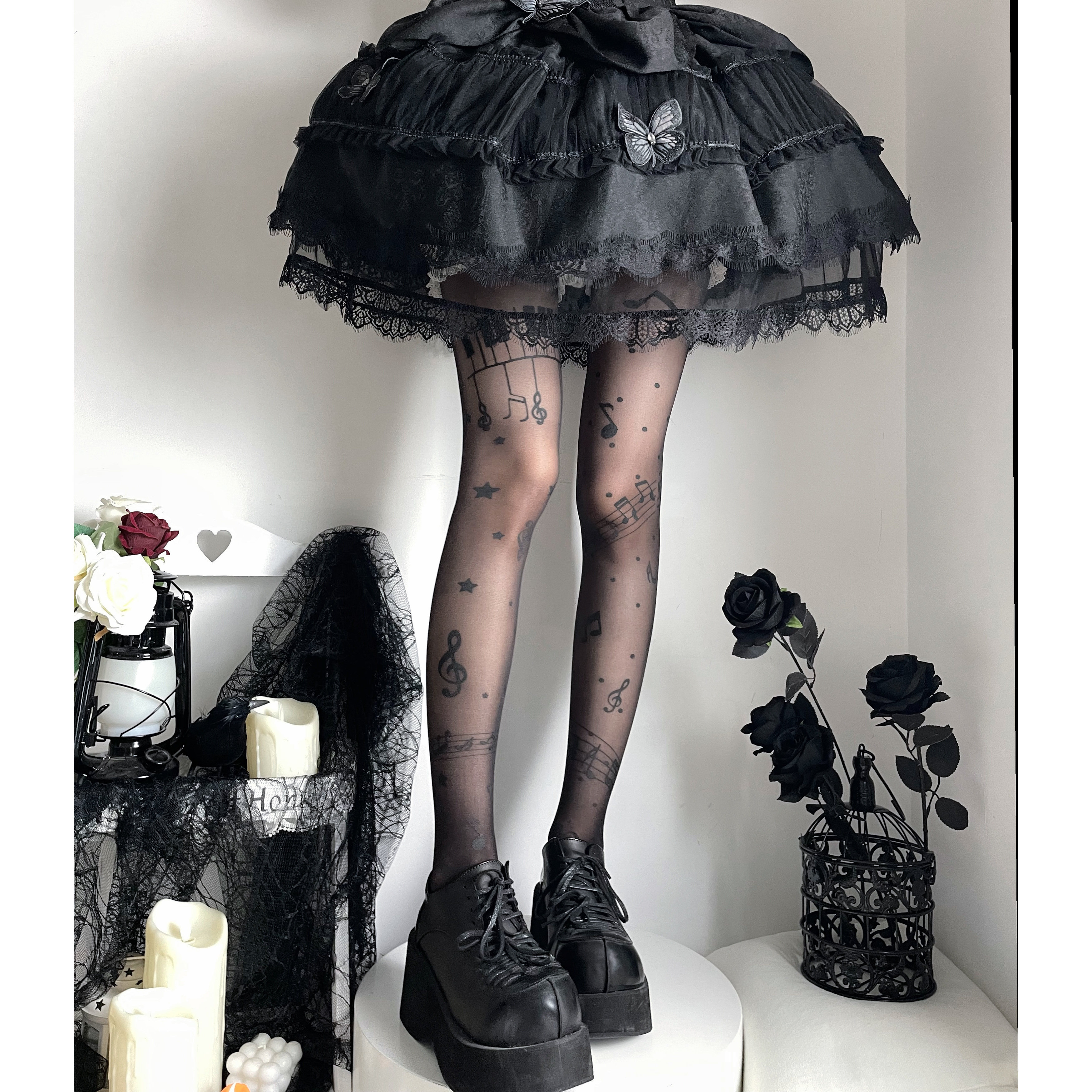 梦幻人偶Lolita黑色音符丝袜连裤袜女薄款甜美音符个性丝袜