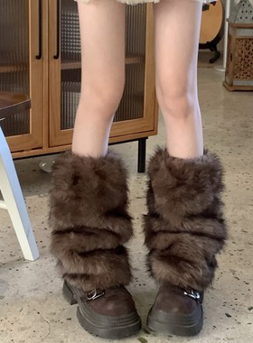 复古毛毛袜套秋冬棕色仿皮草腿套y2k千禧辣妹小腿保暖加厚堆堆袜