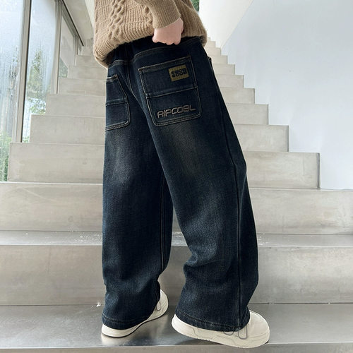 男童春秋潮牌阔腿牛仔裤2026新款洋气青少年儿童秋季宽松直筒潮裤