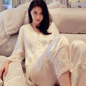 高端定制真丝睡衣女长袖宽松大码丝绸睡裤桑蚕丝两件套家居服外穿