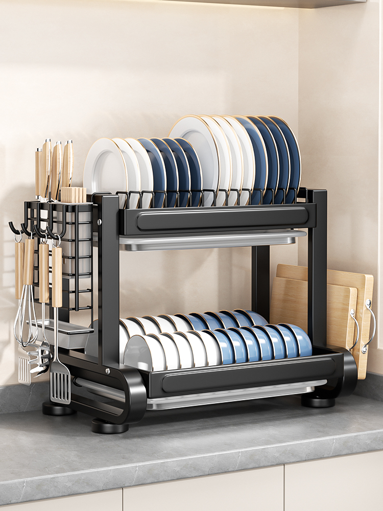 厨房置物架碗碟碗盘收纳架沥水架家用不锈钢放碗架双层碗筷收纳盒