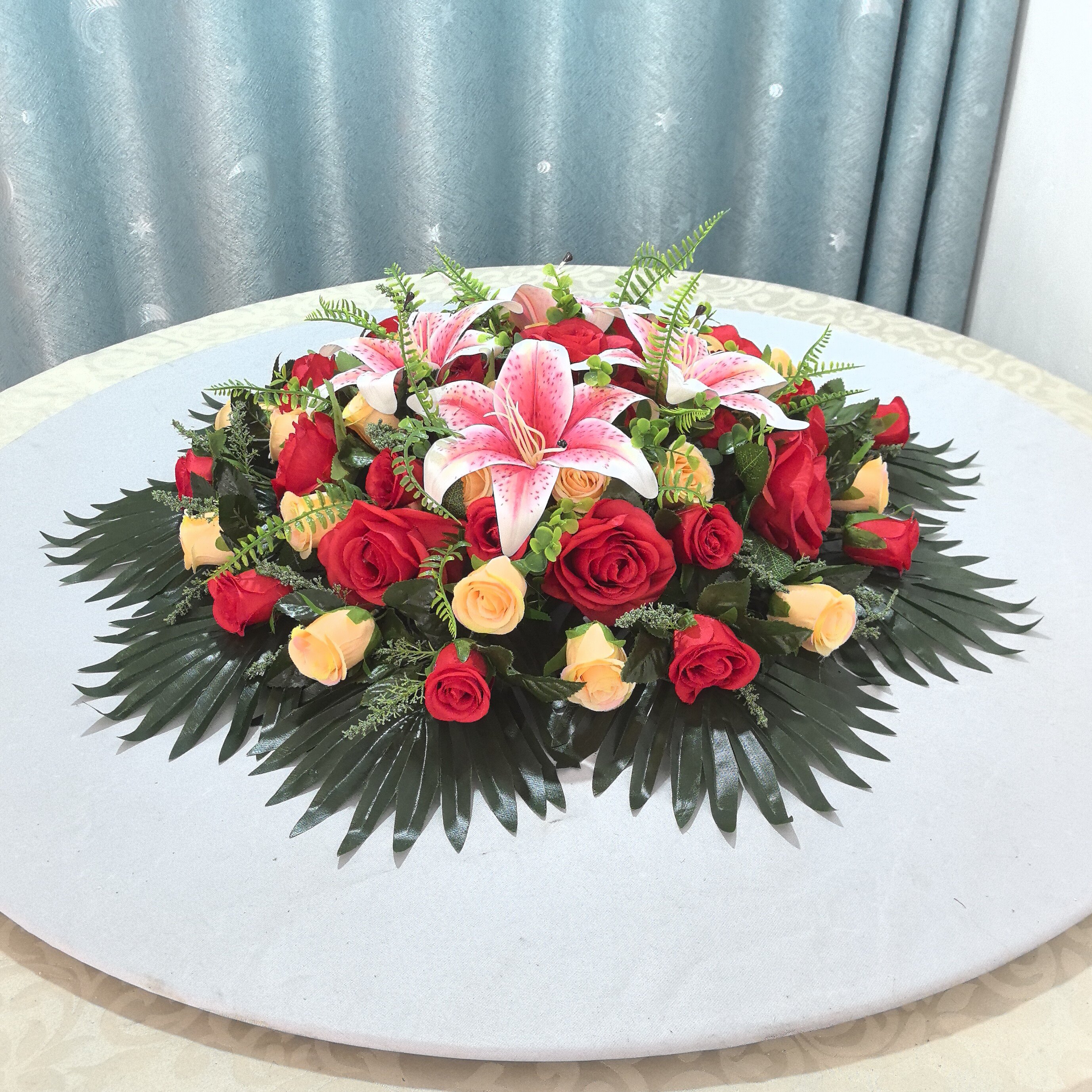 酒店圆桌花假花中间摆花仿真桌花餐桌花餐厅摆件摆放中国红装饰花