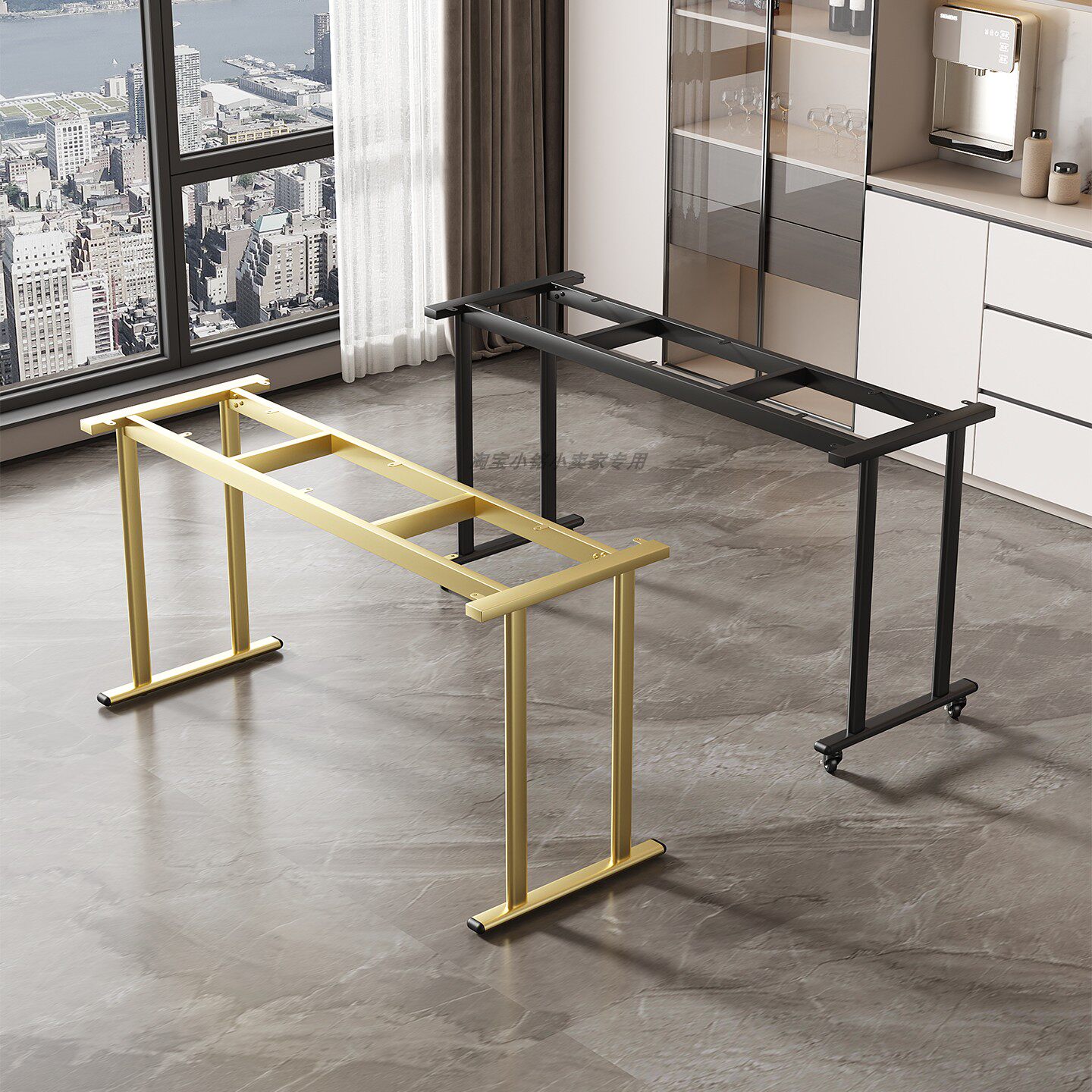 金属桌腿支架书桌餐桌带刹车滑轮桌架可移动跨床桌脚岩板大板桌脚