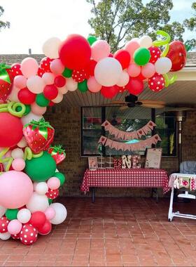 可爱红色草莓主题气球花环拱门套装女孩生日婴儿沐浴夏日派对装饰