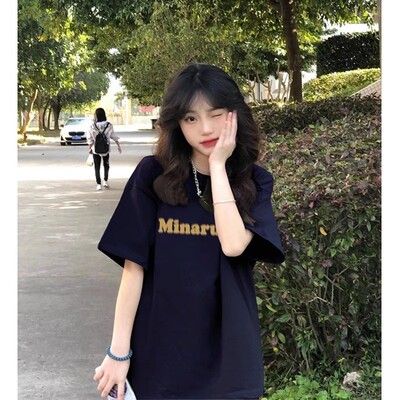 夏季纯棉藏蓝色字母短袖t恤女