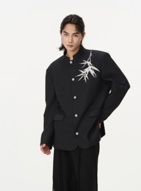CNEW楚念贰问 24AW新中式银竹刺绣中山领黑色西服外套 男女同款