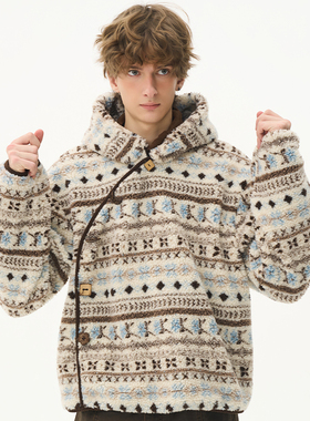 CNEW2025AW【牧歌】印花羊羔绒手工椰壳扣斜门襟套头卫衣外套