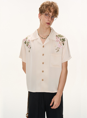 CNEW新中式夏季牡丹花刺绣仿醋酸短袖衬衣男女款