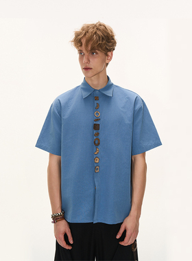 CNEW【帝释青】民族风古法蓝染棉麻椰壳扣夏季短袖衬衣男女款