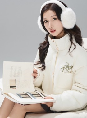 【福禄竹影】90鸭绒国风羽绒服菱形格纹绿竹刺绣高领黑白短款男女