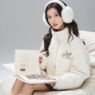 【福禄竹影】90鸭绒国风羽绒服菱形格纹绿竹刺绣高领黑白短款男女