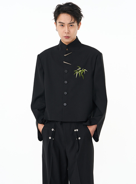 明星同款CNEW中国风翠竹印花刺绣短款解构西服外套男女同款