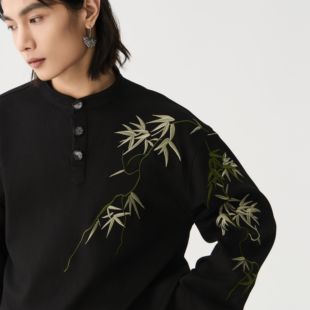 绿竹刺绣黑色浅领卫衣男女同款 CNEW楚念贰问 24AW新中式