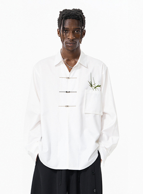 成毅同款CNEW中国风新中式翠竹刺绣金属飞机扣宽松慵懒衬衫