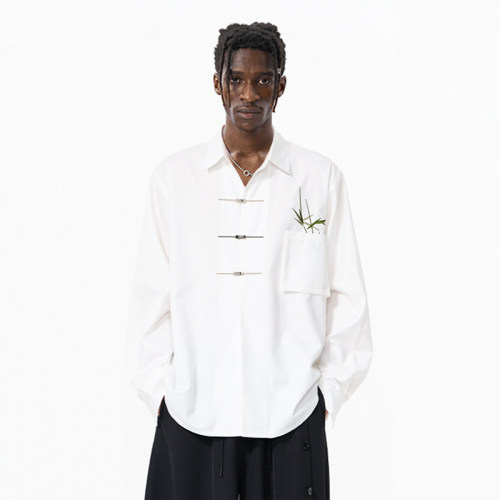 中国风新中式翠竹刺绣飞机扣衬衫